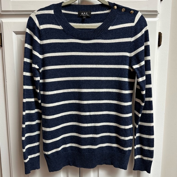 A.P.C. Sweaters - A.P.C. Blue & White Striped Sweater Button Neck Cashmere & Wool Size Small